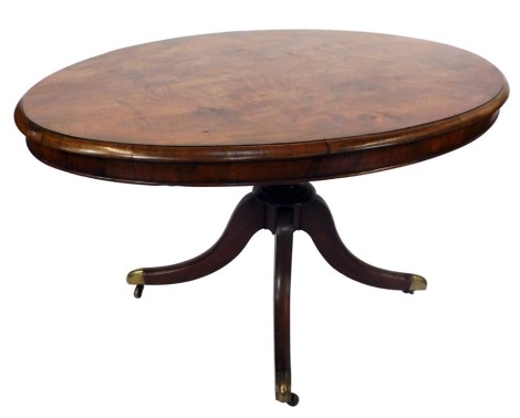 A late 19thC mahogany table, the oval top, on a turned colour, on four out splayed legs, terminating in brass caps and castors, 75cm high, 100cm wide, 125cm deep.