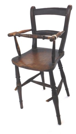 A 19thC ash and elm child's high chair, the raised top on turned legs, 80cm high, 31cm wide, 35cm deep. (AF)