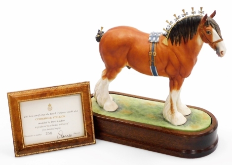 A Royal Worcester matt glaze porcelain equestrian figure of Clydesdale Stallion, modelled by Doris Lindner, limited edition number 258/500, stamped to underside, on a hardwood base, with certificate, 27cm high overall.