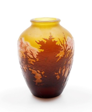 A Galle style cameo glass vase, with acid etched decoration of an alpine mountainous landscape, 10cm high.