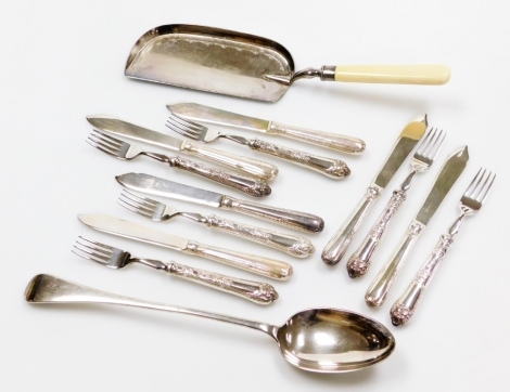 A group of silver plated items, an early 20thC silver plated crumb scoop, with a silver collar, plain handle and partially engraved, 33cm long, a 19thC Old English pattern silver plated basting spoon, initialled, 31cm, and a set of six Walker and Hall sil