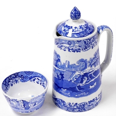 A 1920's Copeland Spode's Italian blue and white pottery coffee hot water jug, blue oval printed mark, 22cm high, together with a sugar bowl, black printed mark. (2)