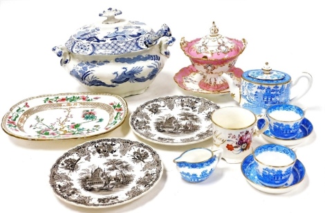 English 19thC pottery and porcelain, including a Ridgeways sauce tureen, cover and stand, decorated with rose garlands against a pink ground, Minton porcelain Willow pattern tete-a-tete, and an early 19thC transfer decorated blue and white botanical soup 