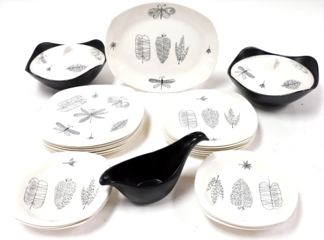 A Midwinter Stylecraft Nature Study pattern part dinner service, designed by Terence Conran, comprising meat platter, pair of vegetable tureens and covers, sauce boat, six dinner and dessert plates, and six soup bowls.