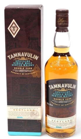 A bottle of Tamnavulin Speyside single malt Scotch Whisky, double cask, batch number 0308, boxed.