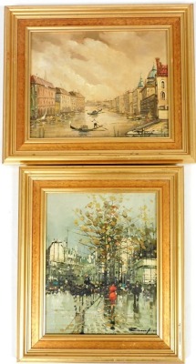 20thC School. Parisian street scene, oil on canvas, indistinctly signed, 25cm x 19.5cm, and a Venetian scene, with gondolas before buildings, oil on canvas, indistinctly signed, 20cm x 24cm. (2)