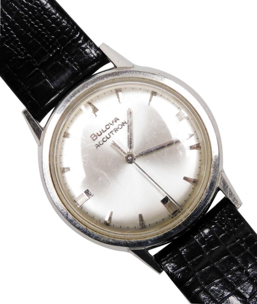 A Bulova Accutron M4 gentleman s stainless steel cased wristwatch circular silvered dial with silver batons centre