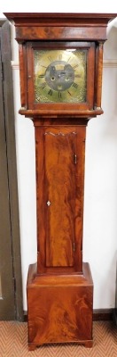 A Georgian flame mahogany long case clock by Thomas Simpson of Durham, square brass dial with spandrels cast with urns of flowers, birds and animals, chapter ring bearing Roman and Arabic numerals, date aperture, eight day movement with bell strike, the h - 2