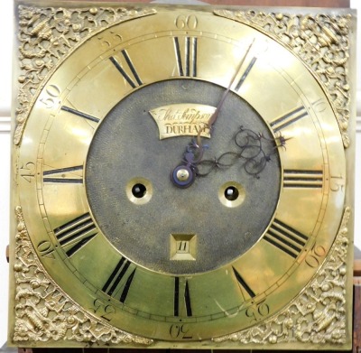 A Georgian flame mahogany long case clock by Thomas Simpson of Durham, square brass dial with spandrels cast with urns of flowers, birds and animals, chapter ring bearing Roman and Arabic numerals, date aperture, eight day movement with bell strike, the h - 3