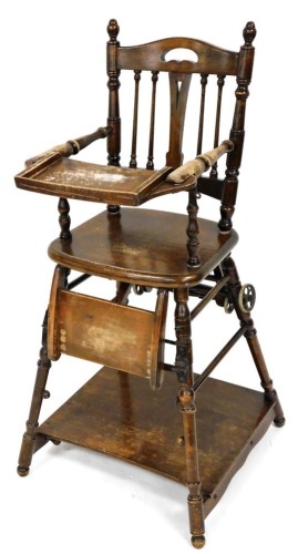 A Victorian oak metamorphic child's high and low chair, by Millson's, Babycars and Carriages, 303 Oxford Street London W.