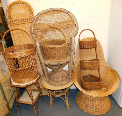 A group of wicker items, to include a peacock chair, wicker fire screen, three tier stand, a bamboo framed side table, etc.