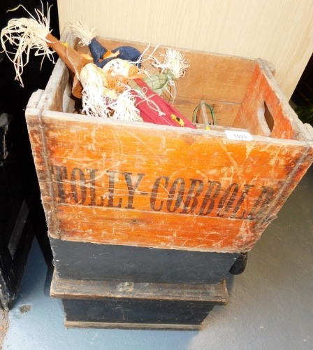 A painted pine toolbox, 50cm wide, a Tolly Cobbold bottle crate, etc.