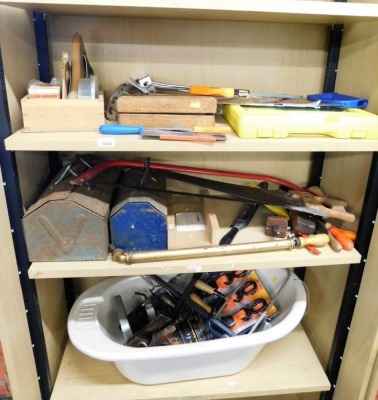 Various tools, toolboxes, hacksaw, oil dispenser, etc. (3 shelves)