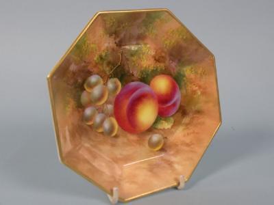 A Royal Worcester hexagonal porcelain dish decorated with fruit by M. Ayrton