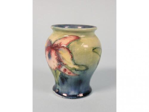 A Moorcroft vase decorated with irises on a blue and pale green ground