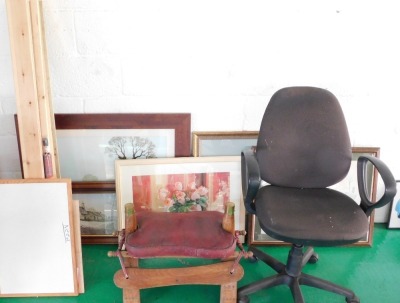 Two pine display cabinets, timber, various prints, camel stool and office chair.