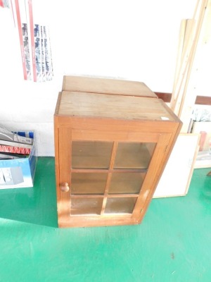 Two pine display cabinets, timber, various prints, camel stool and office chair. - 2