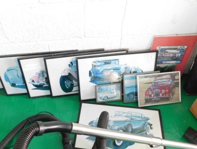 Motoring prints, portable brake accelerator hand controls, shields, gloves, front seat protectors, etc.