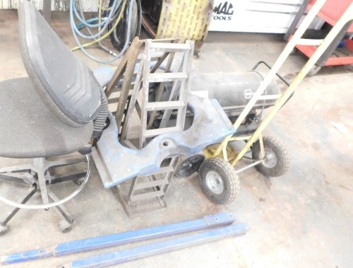 A group lot, including tow bar, two steel ramps, trolley, space heater and sack wheels.