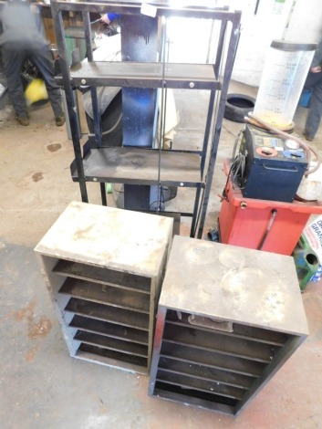 Two steel racks and a shelving unit. (3)