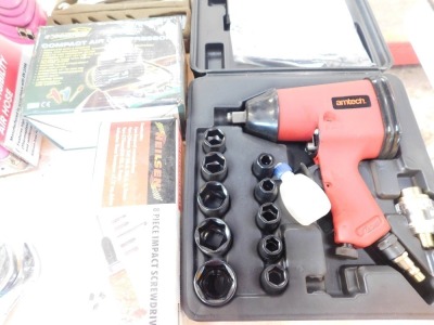 An Amtech Air Impact wrench set, compact air compressor, eight piece impact screwdriver set, panel clamp kit and high visibility air hose. - 2