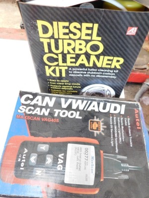 A Motor remote starter scan tool, diesel turbo cleaner kit and drill sharpening machine. - 2