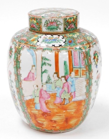 A Qing dynasty 19thC Canton porcelain ginger jar and cover, of shouldered ovoid form, decorated with reserves of figures in an interior, interspersed with birds, butterflies, and flowers, against a floral ground, 26.5cm high. (AF)