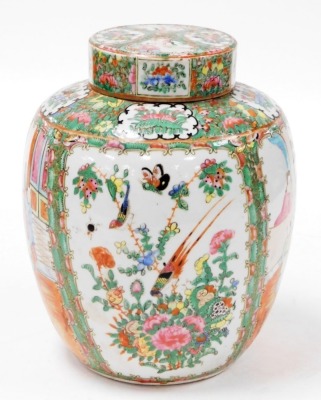 A Qing dynasty 19thC Canton porcelain ginger jar and cover, of shouldered ovoid form, decorated with reserves of figures in an interior, interspersed with birds, butterflies, and flowers, against a floral ground, 26.5cm high. (AF) - 4