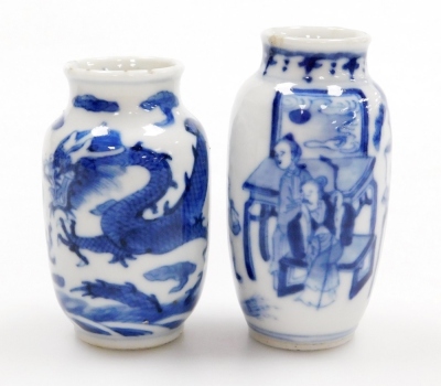 Three Chinese blue and white cylindrical porcelain snuff bottles, decorated with dragons, figures in a landscape, another of meiping form decorated with horses, and two further miniature blue and white vases; various Yongzheng and Qianlong marks to the un - 2