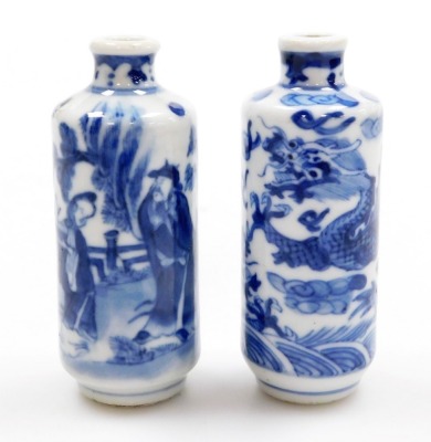 Three Chinese blue and white cylindrical porcelain snuff bottles, decorated with dragons, figures in a landscape, another of meiping form decorated with horses, and two further miniature blue and white vases; various Yongzheng and Qianlong marks to the un - 9