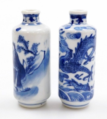 Three Chinese blue and white cylindrical porcelain snuff bottles, decorated with dragons, figures in a landscape, another of meiping form decorated with horses, and two further miniature blue and white vases; various Yongzheng and Qianlong marks to the un - 10