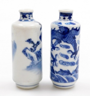 Three Chinese blue and white cylindrical porcelain snuff bottles, decorated with dragons, figures in a landscape, another of meiping form decorated with horses, and two further miniature blue and white vases; various Yongzheng and Qianlong marks to the un - 11