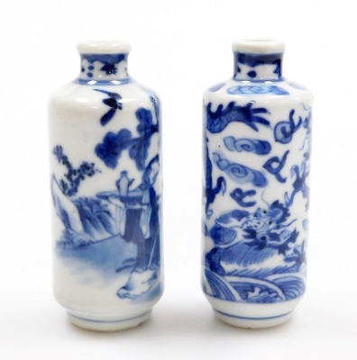 Three Chinese blue and white cylindrical porcelain snuff bottles, decorated with dragons, figures in a landscape, another of meiping form decorated with horses, and two further miniature blue and white vases; various Yongzheng and Qianlong marks to the un - 12