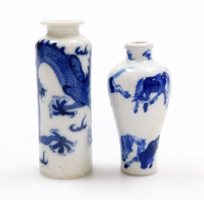 Three Chinese blue and white cylindrical porcelain snuff bottles, decorated with dragons, figures in a landscape, another of meiping form decorated with horses, and two further miniature blue and white vases; various Yongzheng and Qianlong marks to the un - 16