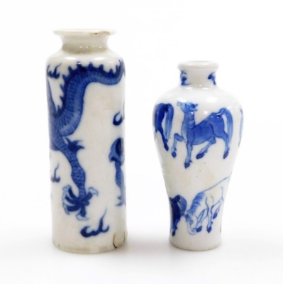 Three Chinese blue and white cylindrical porcelain snuff bottles, decorated with dragons, figures in a landscape, another of meiping form decorated with horses, and two further miniature blue and white vases; various Yongzheng and Qianlong marks to the un - 17