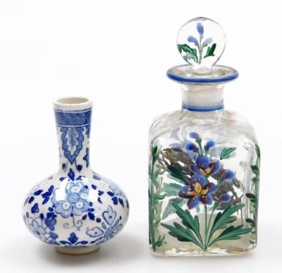 Two Chinese porcelain snuff bottles, decorated with Shubunkin and cockerels, 7.7cm and 8cm high, a small Chinese doucai bowl decorated with grasshoppers and flowers, 8cm high, a glass scent bottle and a small blue and white vase. (5) - 13