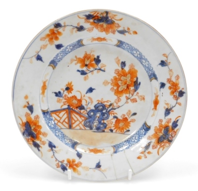 A collection of 18th Chinese plates, including four matching famille rose with chrysanthemum and swallow decoration, 23cm diameter, a pair with flowers and vases, 23cm diameter, and a Chinese Imari plate, 22.8cm diameter. (AF) - 2