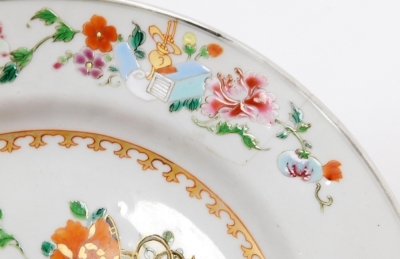 A collection of 18th Chinese plates, including four matching famille rose with chrysanthemum and swallow decoration, 23cm diameter, a pair with flowers and vases, 23cm diameter, and a Chinese Imari plate, 22.8cm diameter. (AF) - 15