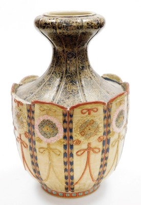 A Meiji period Japanese Satsuma vase, with tapered and inverted flared neck, in black with gilt foliate scroll decoration, the panelled body with intricate rosettes and ribbons, (AF), 42cm high. - 4