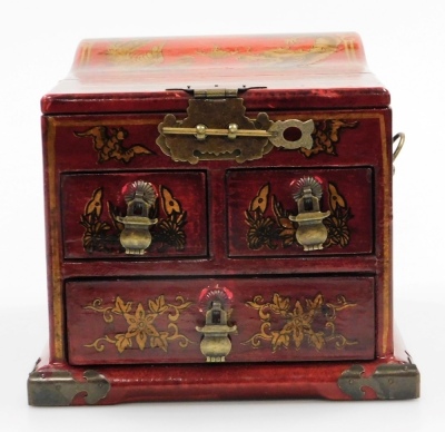 A Chinese red lacquer jewellery box, with hinged lid housing a mirror and drawers below, decorated with hand painted dragons, birds and flowers, 18cm high, 21cm wide, 21.5cm deep. - 2