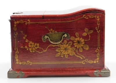 A Chinese red lacquer jewellery box, with hinged lid housing a mirror and drawers below, decorated with hand painted dragons, birds and flowers, 18cm high, 21cm wide, 21.5cm deep. - 3