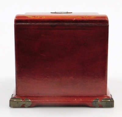 A Chinese red lacquer jewellery box, with hinged lid housing a mirror and drawers below, decorated with hand painted dragons, birds and flowers, 18cm high, 21cm wide, 21.5cm deep. - 4