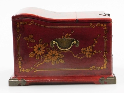 A Chinese red lacquer jewellery box, with hinged lid housing a mirror and drawers below, decorated with hand painted dragons, birds and flowers, 18cm high, 21cm wide, 21.5cm deep. - 5