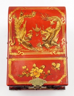 A Chinese red lacquer jewellery box, with hinged lid housing a mirror and drawers below, decorated with hand painted dragons, birds and flowers, 18cm high, 21cm wide, 21.5cm deep. - 6