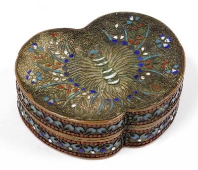 A Chinese brass and champleve enamelled box, of butterfly form, the wings decorated with flowers, 9cm wide, together with a pair of Japanese Meiji period cloisonne enamel vases, decorated with roundels of flowers and other symbols, against a black ground, - 2