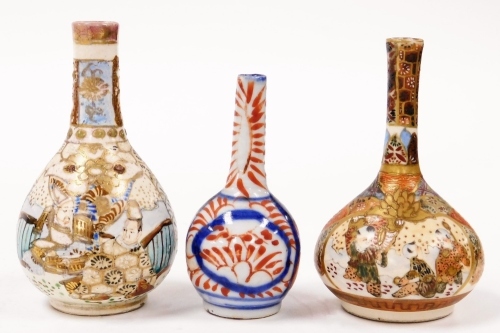 A Japanese Meiji period Satsuma miniature vase, of long necked bulbous form, decorated with reserves of children, 10cm high, further Satsuma vase, decorated with reserves of deities, 10.5cm high, and a further vase. (3, AF)