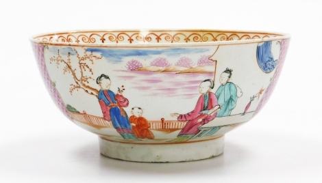 An 18th/19thC Chinese porcelain bowl, decorated with reserves of figures and flowers, against a pink scale ground, unmarked, 21cm diameter.