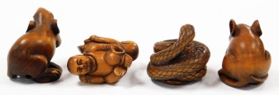 Four Oriental carved wooden netsuke, comprising mouse, 4cm high, rat holding a piece of fruit, 4.5cm high, coiled snake, 4cm high, and two boys conjoined, 5cm wide, each piece signed. - 7