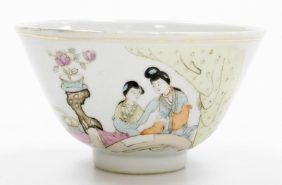 A Chinese Republic porcelain tea bowl, of tapering circular form, on circular foot, enamelled with figures beside a vase of flowers on stand, predominantly in purple, yellow and green, 6cm high, two further Republic porcelain tea bowls enamelled with ship - 2