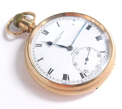 A 9ct gold open faced pocket watch, the 4cm dia. dial with Roman numerals and subsidiary Arabic second hand marked Thos Russell and Sons, Liverpool, in a plain case marked 9.375 and numbered 9747, the movement marked PREMIER, 6cm high, 80g all in.